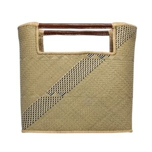 Woven Straw Handbag Basket Purse Shopper Box Bag with Leather Handles Navy